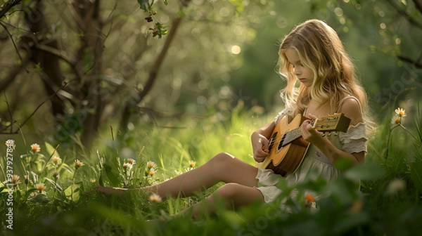 Fototapeta 
A young girl sitting in a meadow playing a small guitar with a serene expression