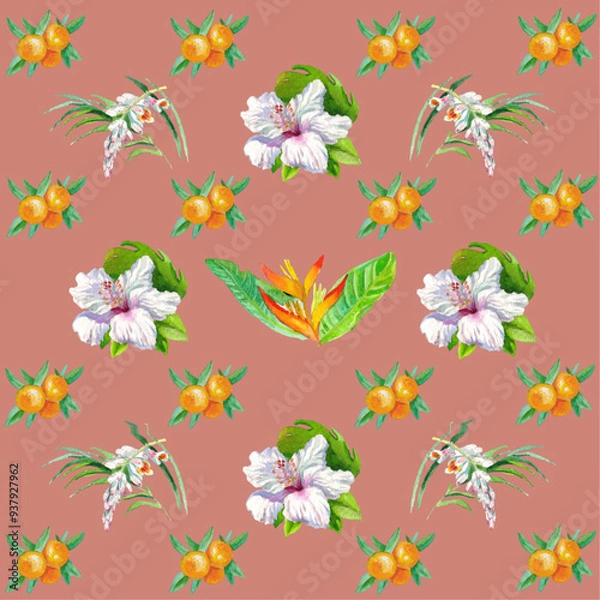 Fototapeta Hawaiian Watercolor Vector Flowers Seamless Pattern. Summer Fabric Watercolor Flowers Vector Pattern. Jungle Botanical Texture. Retro Seamless Floral Background. Hand Painted Tropic Clothes Design.