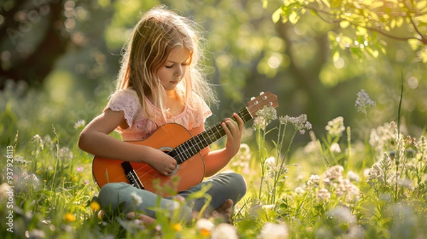 Fototapeta 
A young girl sitting in a meadow playing a small guitar with a serene expression