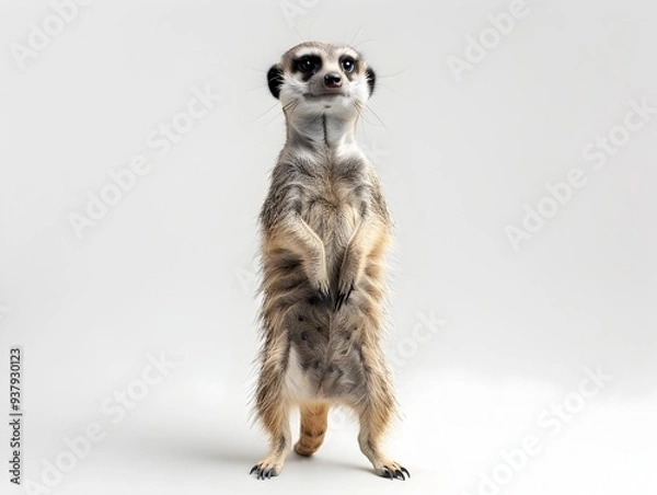 Fototapeta Curious Meerkat Standing on Hind Legs Alert and Watchful on White Background