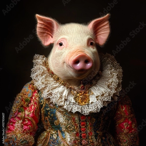 Fototapeta Whimsical Pig Portrait in Renaissance Attire: AI-Generated Animal Art for Creative Marketing. Elegant Abstract Design with Anime-Style Elements. Perfect for Party Invitations, UI, Web Posters, and 4K 