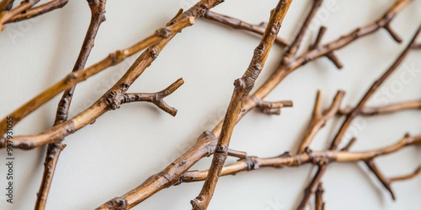 Obraz Decorative tree branches on the wall in the interior of the apartment. Interior decorations in modern style.