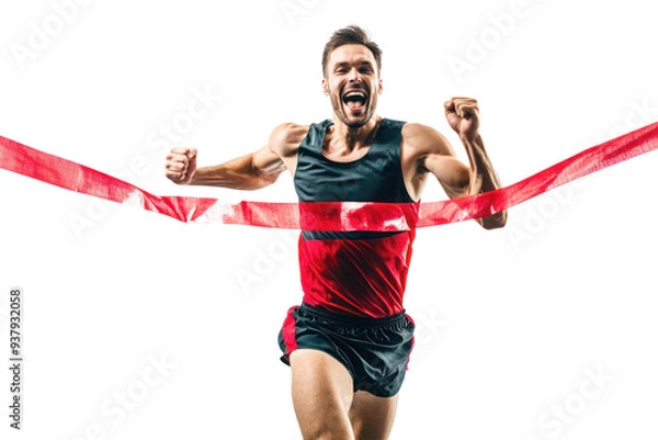 Fototapeta Triumphant Runner Crossing Finish Line in Victory, Breaking the Tape on Isolated White Background