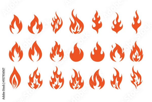 Fototapeta Fire symbols isolated icon flat set on white background. Blaze silhouette element