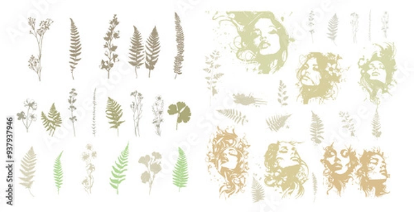 Obraz Detailed trendy design for natural products, wall art, social media, prints, invitations and branding design. Vector set of line drawings of decorated women's heads with flowers, plants and leaves.