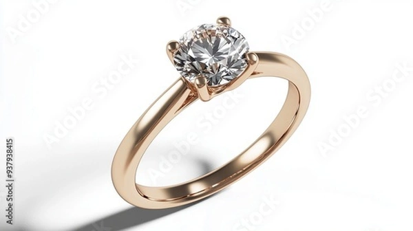 Fototapeta 3D rendering, white background, gold solitaire engagement ring with a diamond on top