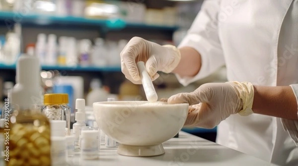 Fototapeta A pharmacist prepares compounded medication using a mortar and pestle in a clean, professional pharmacy lab, emphasizing precision in custom pharmaceutical preparations.

