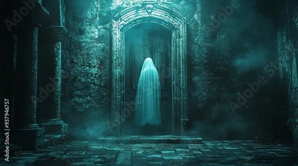 Fototapeta Eerie ghost figure in a misty, ancient doorway surrounded by stone walls, creating a haunting atmosphere.