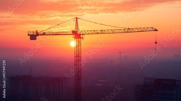 Fototapeta New construction site with crane and mechanical equipments on sunset daylight background construction industry : Generative AI