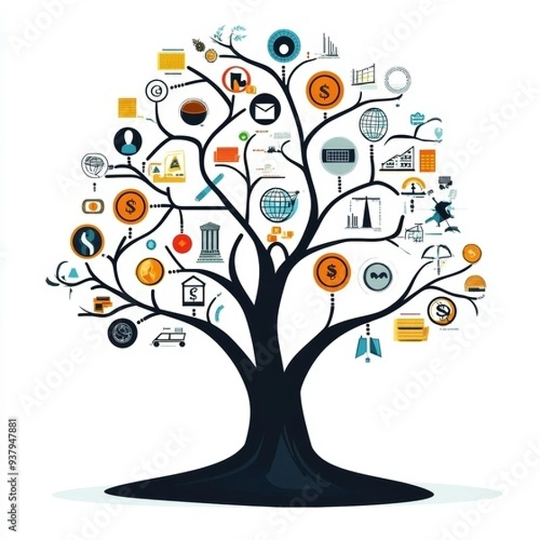 Fototapeta 26. Abstract depiction of an economic policy tree with branches representing different economic outcomes, concept of decision analysis