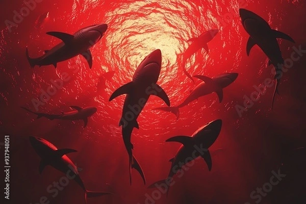 Obraz Silhouettes of sharks swimming in a dramatic red ocean light, creating a striking underwater scene that captures marine energy.