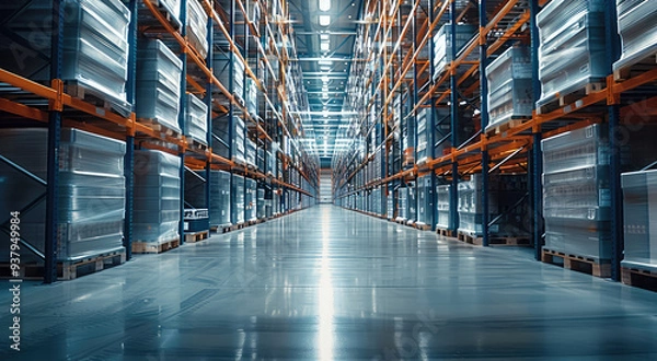 Fototapeta Modern clean warehouse, with thousands of different high tech products of a medium-sized company. Generative AI.