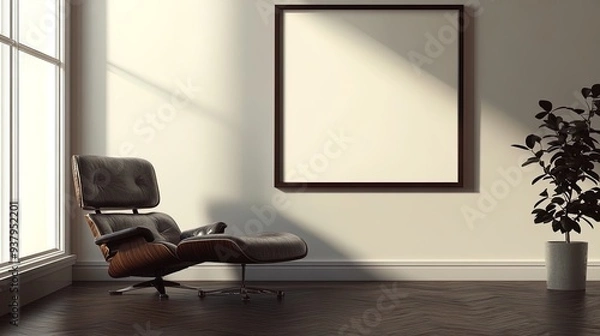 Fototapeta Modern Lounge Chair and Blank Picture Frame: Perfect as a Stylish Poster for Contemporary Interiors with Creamy Walls and Dark Wooden Flooring