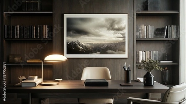 Fototapeta Transform Your Space: A Chic Desk Setup with Elegant Lamp & Inspirational Books - Perfect Wall Art Poster for a Stylish Home Office or Productive Workspace!