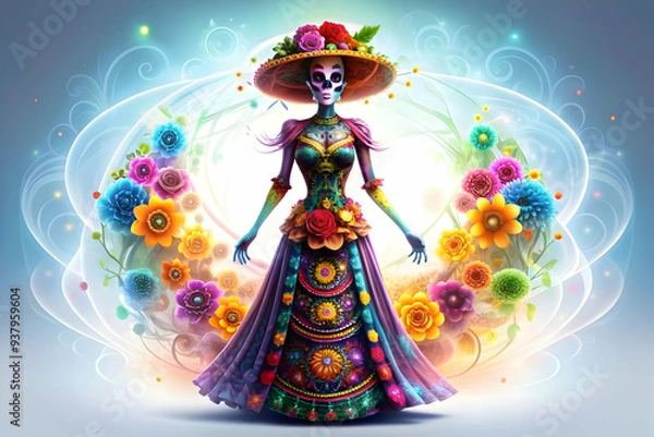 Fototapeta Flat Neon Catrina Figure with Glowing Floral Elements concept as A digital artwork featuring a neon Catrina figure adorned with glowing floral elements set against an abstract background with swirling
