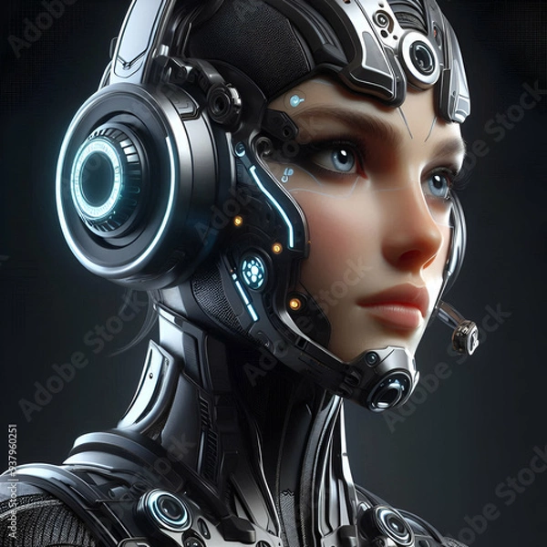 Fototapeta Intricate Humanoid Robot with Single Eye Focus
