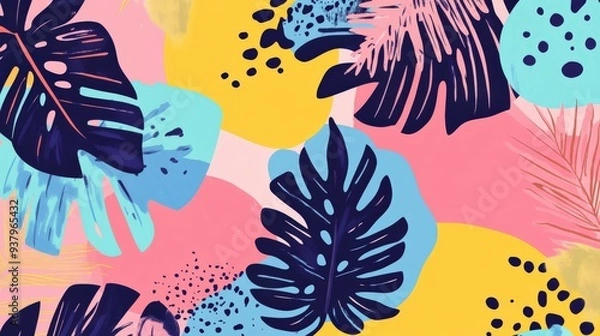 Fototapeta Colorful tropical leaf pattern with vibrant shapes on a pink background