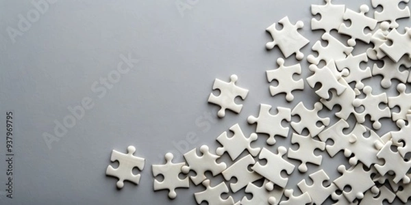 Obraz Isolated white puzzle pieces scattered on a grey background, viewed from above, with empty space available for text or branding, conveying complexity and unity.