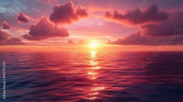 Fototapeta A hyper-real sunset over the ocean with exaggerated, vibrant hues and perfectly smooth, reflective water