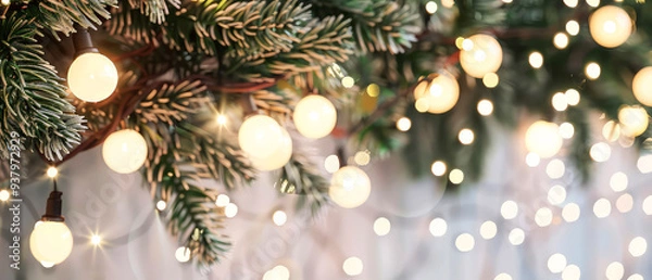 Fototapeta Close up of glowing lamp bulb, lights, garland with green fir branches.Christmas and New Year minimal mockup . Winter holidays celebration background. Copy space. Generative ai	