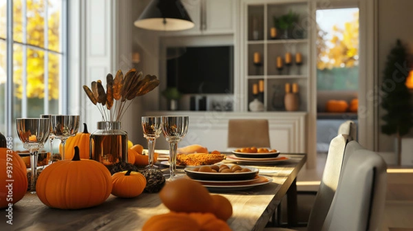 Fototapeta Eyecatching A halloween pumpkin sits on a table in a room with a fireplace and candles