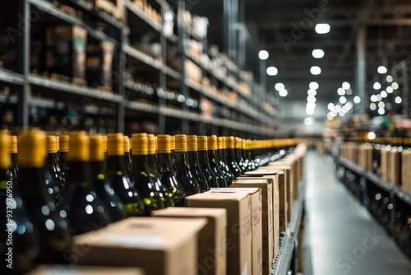 Fototapeta Rows of wine bottles in a large warehouse with shelves and boxes.