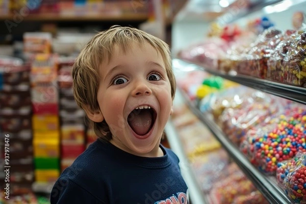 Fototapeta Excited child with wide eyes and mouth open in a candy store.