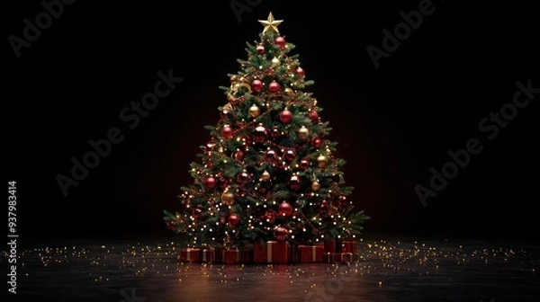 Fototapeta A large Christmas tree with many ornaments and a star on top. The tree is lit up and surrounded by a dark background
