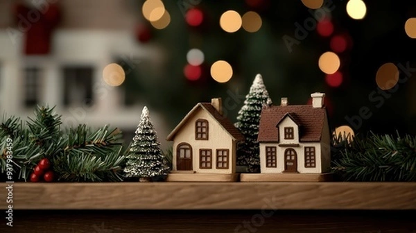 Fototapeta A Christmas tree with three houses on top of it. The houses are wooden and have a cozy, festive feel