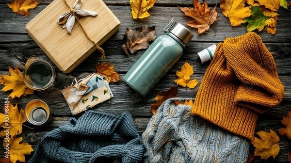Fototapeta A flat lay of eco-friendly fall essentials, featuring a reusable water bottle, bamboo lunch box, and organic cotton clothing. The items are arranged on a wooden table with scattered autumn leaves.