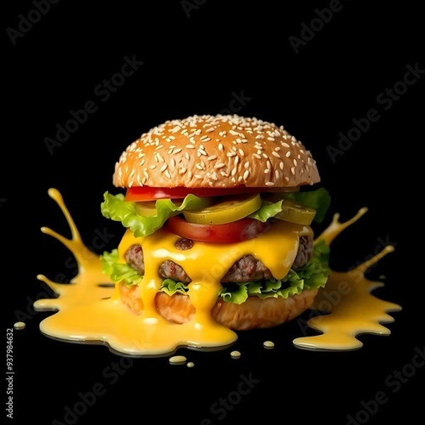 Fototapeta Floating Burger with Juicy Cheese and Sauce Splash on Dark Background