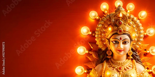 Obraz Goddess Durga Statue Illuminated concept as Mid shot of a statue of Goddess Durga illuminated with soft glowing lights during Dussehra with a glossy finish on the statue emphasizing the divine and pow
