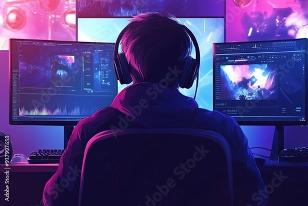 Fototapeta Simple drawing of a person editing gaming clips, [Content Creation], [Video Editing], No logo, No Trademark, No text, minimal concept with copy space for stock photo