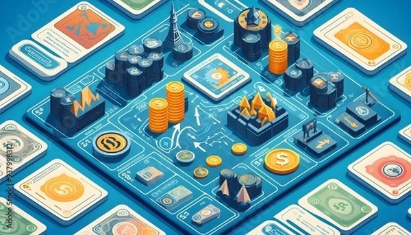 Fototapeta Abstract depiction of global economy symbols interconnected by policy gears, concept of international economic strategy generativeAi