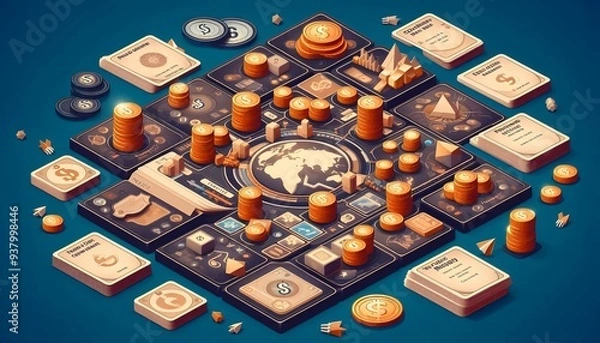 Fototapeta Abstract depiction of global economy symbols interconnected by policy gears, concept of international economic strategy generativeAi