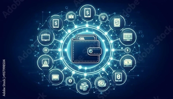 Fototapeta Digital wallet icon surrounded by a network of interconnected devices, illustrating the seamless integration across platforms, Wallet icon network devices, Connected finance,generative Ai
