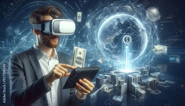 Fototapeta Digital wallet icon surrounded by a network of interconnected devices, illustrating the seamless integration across platforms, Wallet icon network devices, Connected finance,generative Ai