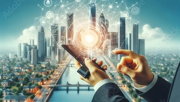 Fototapeta Digital wallet icon surrounded by a network of interconnected devices, illustrating the seamless integration across platforms, Wallet icon network devices, Connected finance,generative Ai