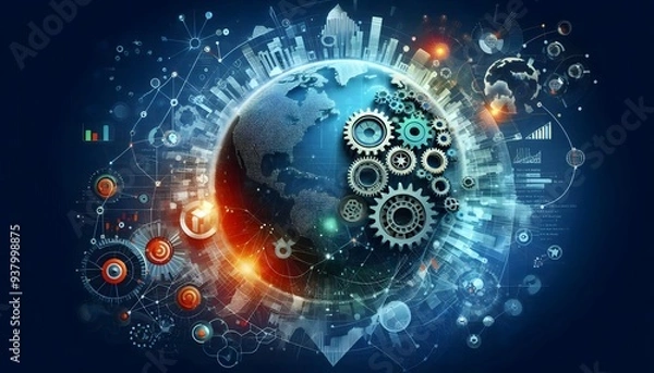Fototapeta Abstract depiction of global economy symbols interconnected by policy gears, concept of international economic strategy generativeAi