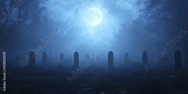 Fototapeta A ghostly graveyard comes alive at midnight, filled with haunting skeletons and dancing lanterns beneath the luminous glow of a full moon.