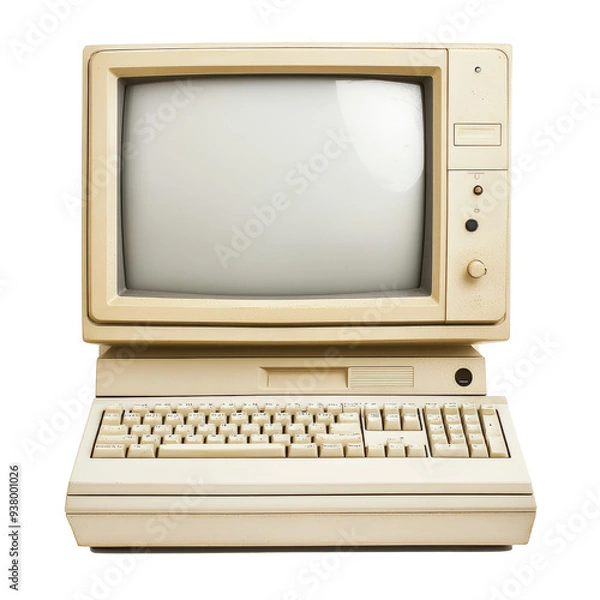 Fototapeta Vintage personal computer with keyboard from the 1980s isolated on transparent background