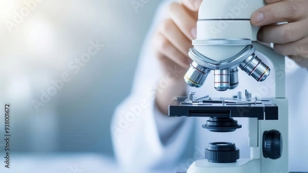 Obraz Veterinarian examining a biopsy sample under a microscope in a pathology lab, veterinary pathology, disease diagnosis