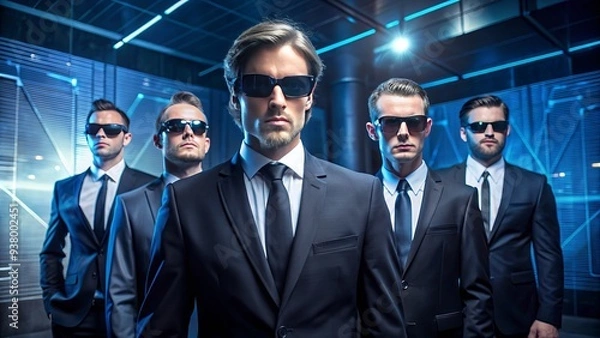 Obraz Secretive Agents In Dark Suits And Sunglasses Stand Guard, Protecting A Secure Location With High-Tech Surveillance Equipment In The Background.