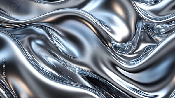 Fototapeta A close-up view of shiny metallic waves flowing over each other, capturing reflections and light in intricate patterns. Abstract silver background.