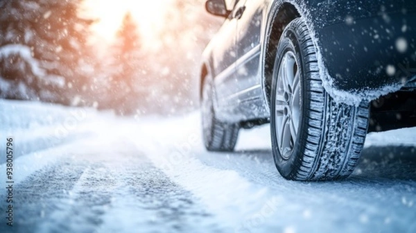 Fototapeta Winter Grip: Close-Up of a Car Tire on a Snowy Road, Demonstrating the Importance of Winter Tires and Traction in Cold Weather Conditions.
