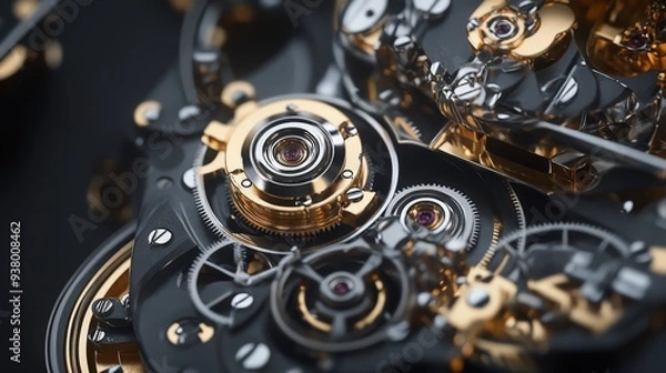 Fototapeta Close-up of intricate gold and silver gears and mechanisms of a luxury watch.