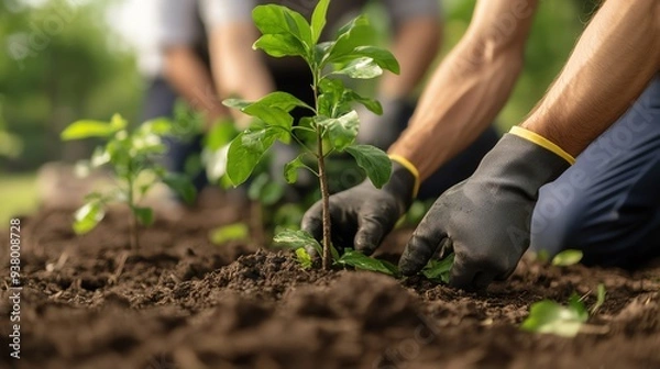 Fototapeta Hands planting a young tree in rich soil, showcasing commitment to environmental sustainability and nature conservation.