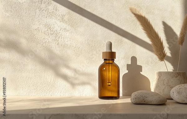 Fototapeta Face serum brown dropper bottle without label for mockup on light stone with soft pampas. Natural textured beige background.