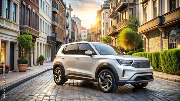 Fototapeta Sleek pure electric SUV model with advanced wireless key technology parked on a bustling city street in vibrant Istanbul, showcasing modern eco-friendly transportation.