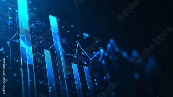 Fototapeta Blue Financial Data Chart - Growth, Success, Technology, Future - A close-up of a blue financial data chart on a dark background. The chart symbolizes growth, progress, success, technology and future.